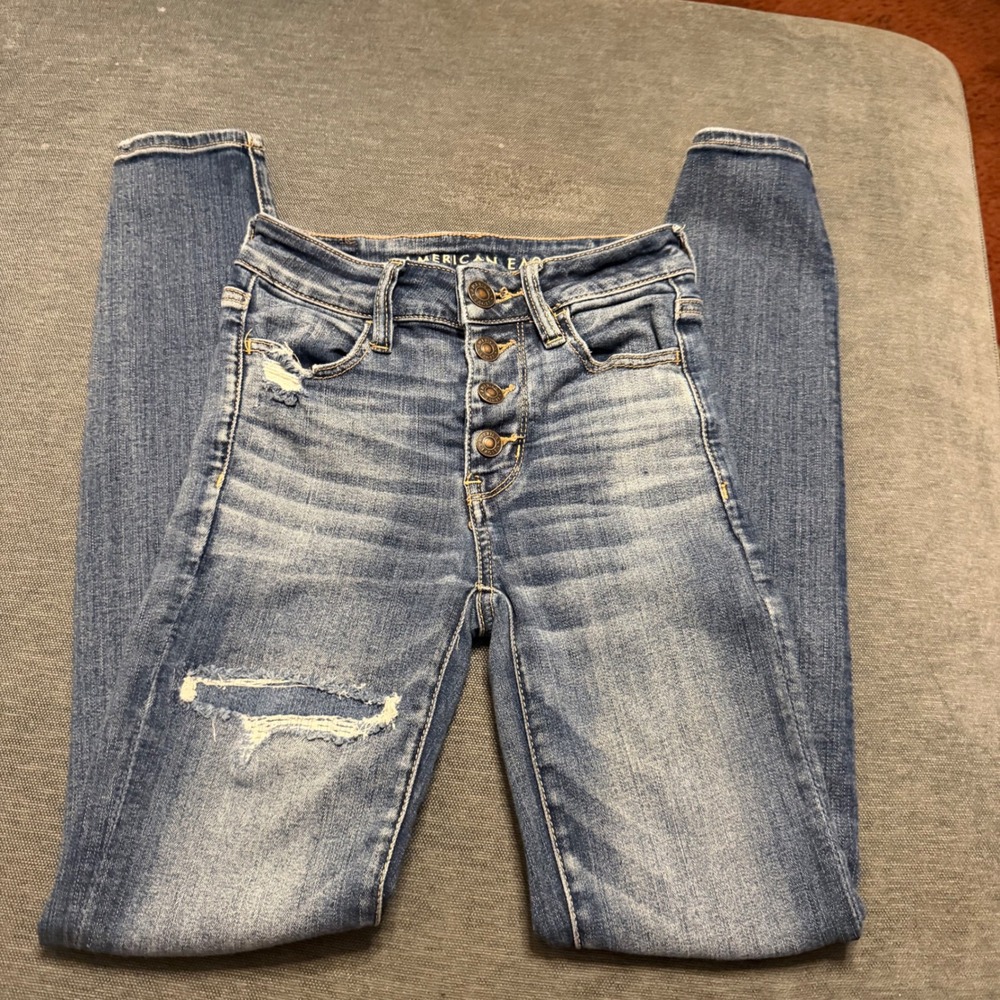 American Eagle High Rise Jegging Medium Wash Distressed Button Fly Jeans 00 Reg
